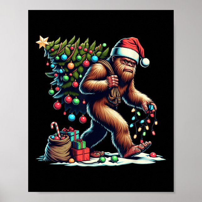 Bigfoot Christmas Tree Lights Xmas Boys Men Sasqua Poster (Front)