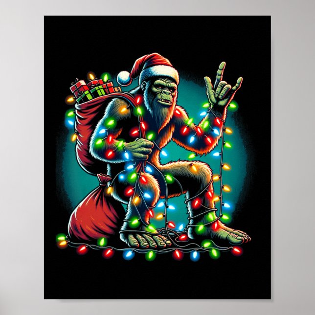 Bigfoot Christmas Tree Lights Xmas Boys Men Sasqua Poster (Front)
