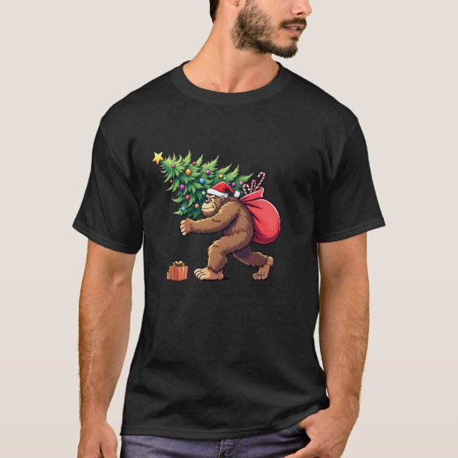 Bigfoot Christmas Tree Lights Xmas Funny Santa Sas T-Shirt (Front)