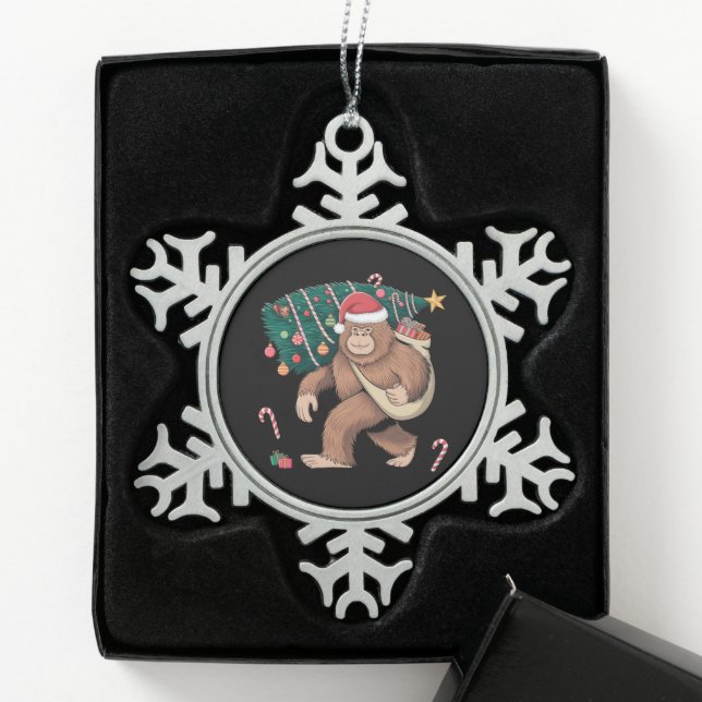 Bigfoot Christmas Tree Lights Xmas Sasquatch Lover Snowflake Pewter Christmas Ornament (Box)