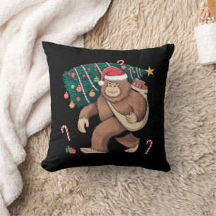 Bigfoot Christmas Tree Lights Xmas Sasquatch Lover Throw Pillow