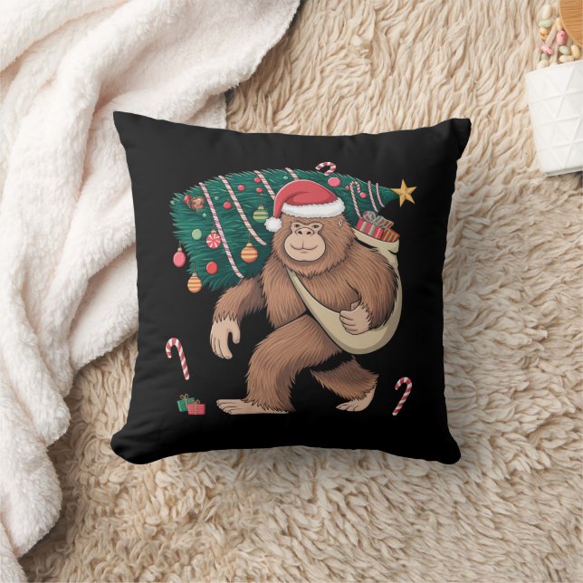 Bigfoot Christmas Tree Lights Xmas Sasquatch Lover Throw Pillow (Blanket)