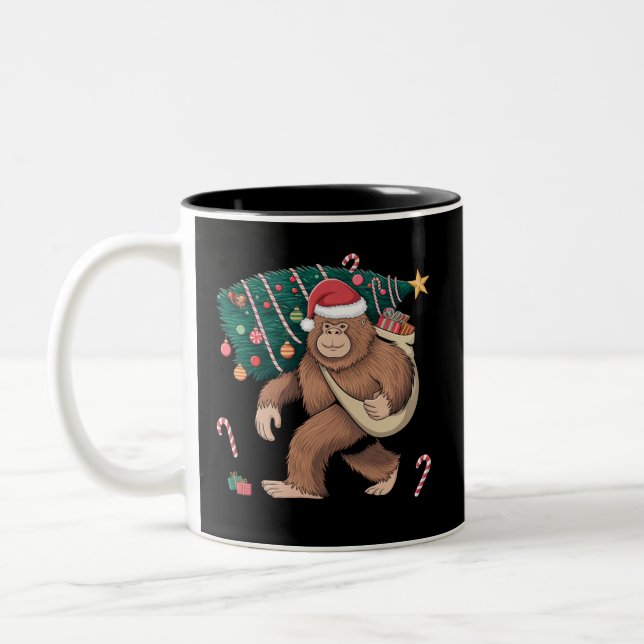 Bigfoot Christmas Tree Lights Xmas Sasquatch Lover Two-Tone Coffee Mug (Left)