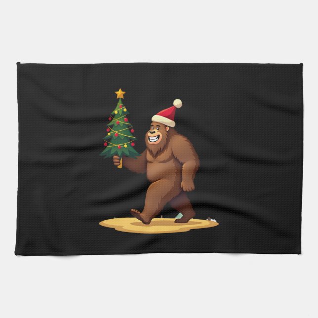 Bigfoot Christmas Tree Santa Hat (1) Kitchen Towel (Horizontal)