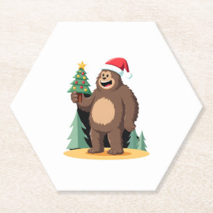 Bigfoot Christmas Tree Santa Hat (1) Paper Coaster