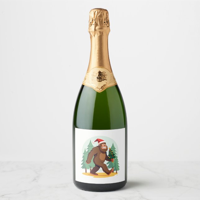 Bigfoot Christmas Tree Santa Hat (1) Sparkling Wine Label (Front)