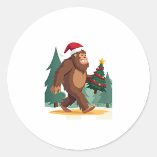 Bigfoot Christmas Tree Santa Hat (2) Classic Round Sticker