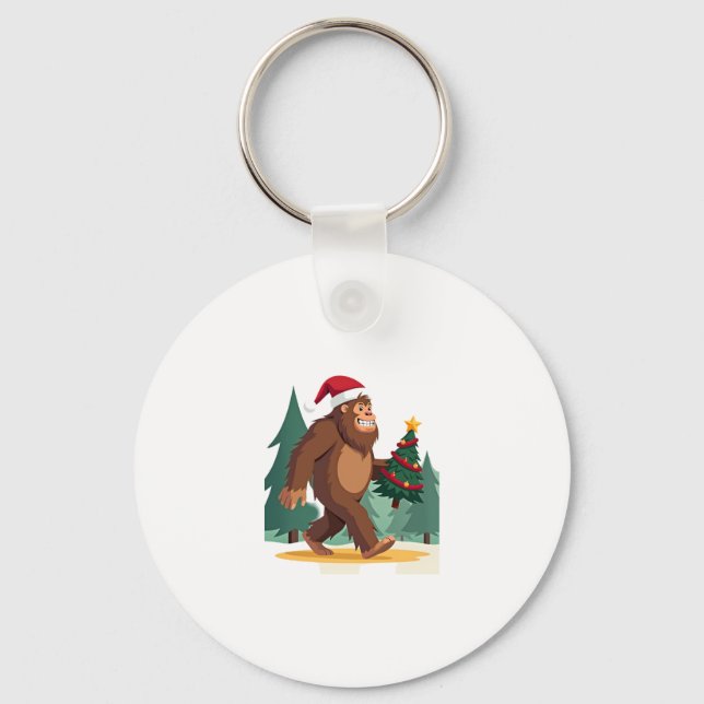 Bigfoot Christmas Tree Santa Hat (2) Keychain (Front)