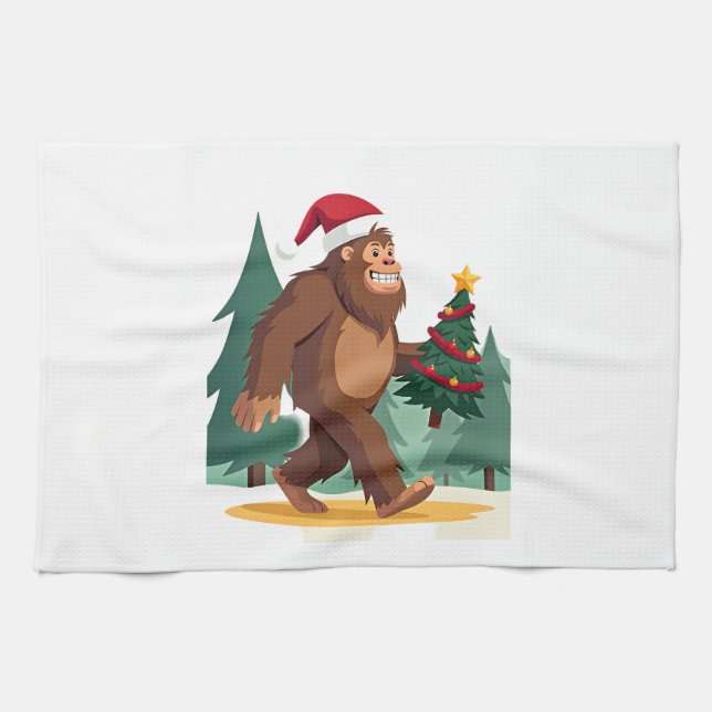 Bigfoot Christmas Tree Santa Hat (2) Kitchen Towel (Horizontal)