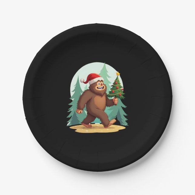 Bigfoot Christmas Tree Santa Hat (2) Paper Plate (Front)