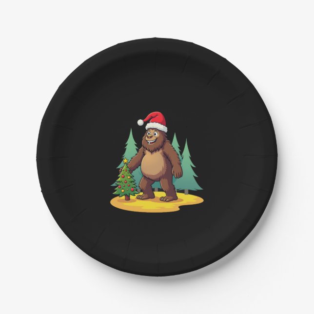 Bigfoot Christmas Tree Santa Hat (2) Paper Plate (Front)
