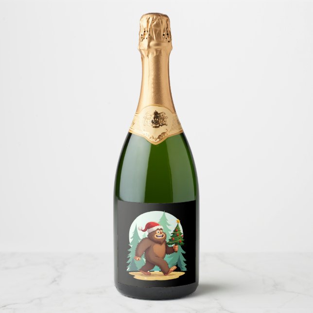 Bigfoot Christmas Tree Santa Hat (2) Sparkling Wine Label (Front)