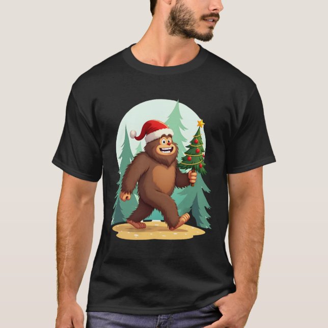Bigfoot Christmas Tree Santa Hat (2) T-Shirt (Front)