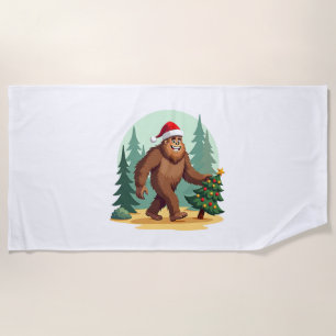 Bigfoot Christmas Tree Santa Hat (3) Beach Towel