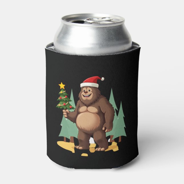 Bigfoot Christmas Tree Santa Hat (3) Can Cooler (Can Front)