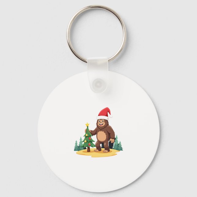 Bigfoot Christmas Tree Santa Hat (3) Keychain (Front)