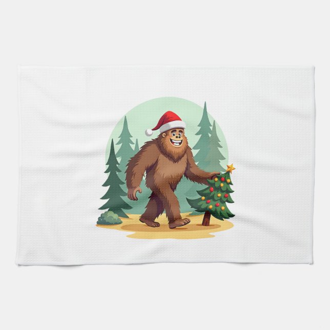 Bigfoot Christmas Tree Santa Hat (3) Kitchen Towel (Horizontal)