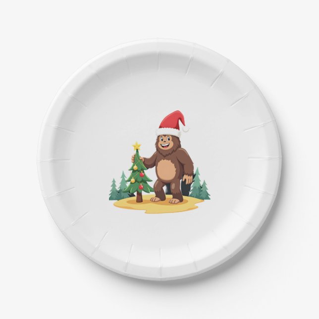 Bigfoot Christmas Tree Santa Hat (3) Paper Plate (Front)