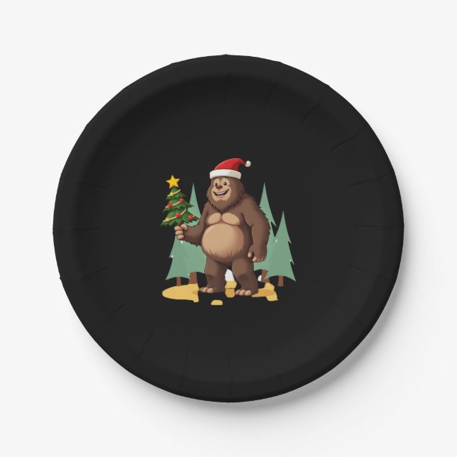Bigfoot Christmas Tree Santa Hat (3) Paper Plate (Front)