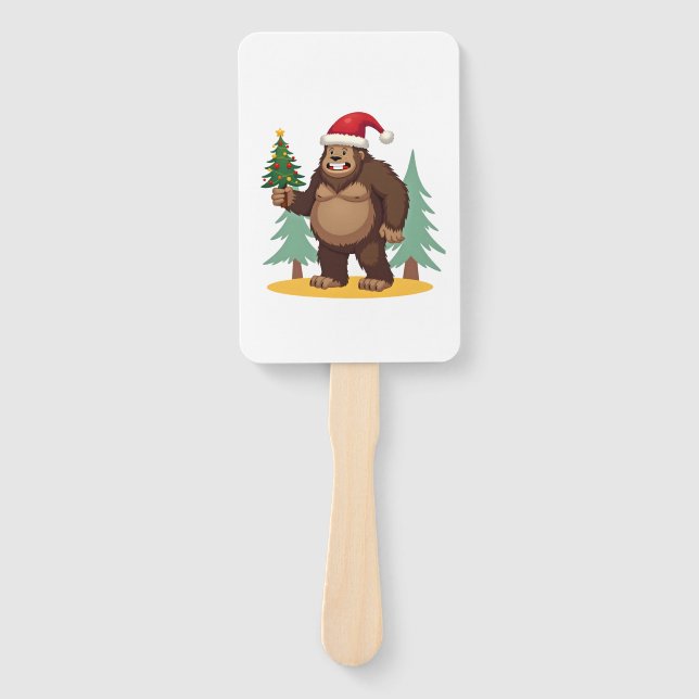Bigfoot Christmas Tree Santa Hat (4) Hand Fan (Front)