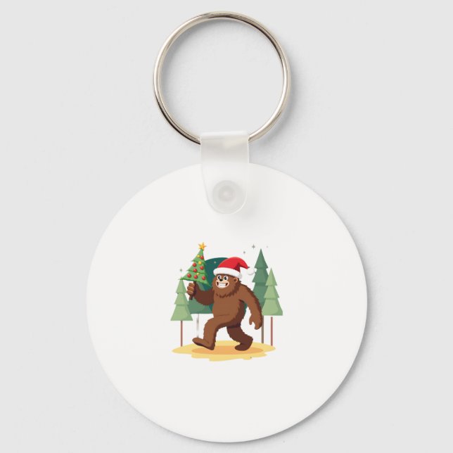 Bigfoot Christmas Tree Santa Hat (4) Keychain (Front)
