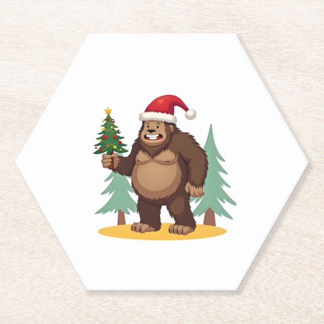 Bigfoot Christmas Tree Santa Hat (4) Paper Coaster (Front)