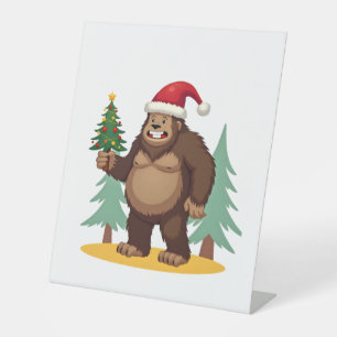 Bigfoot Christmas Tree Santa Hat (4) Pedestal Sign