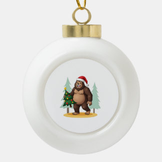 Bigfoot Christmas Tree Santa Hat (5) Ceramic Ball Christmas Ornament