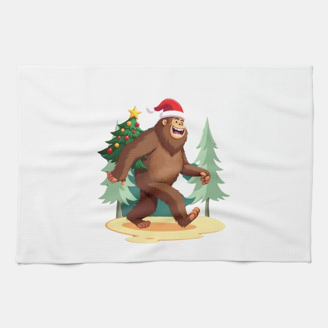 Bigfoot Christmas Tree Santa Hat (5) Kitchen Towel (Horizontal)