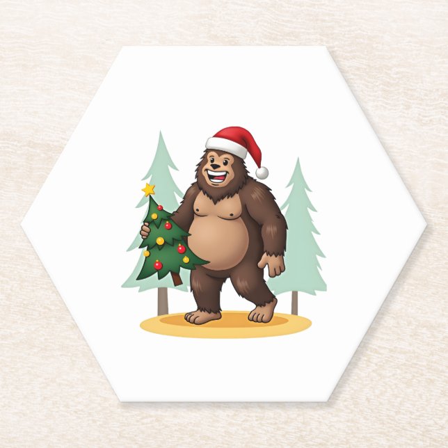Bigfoot Christmas Tree Santa Hat (5) Paper Coaster (Front)