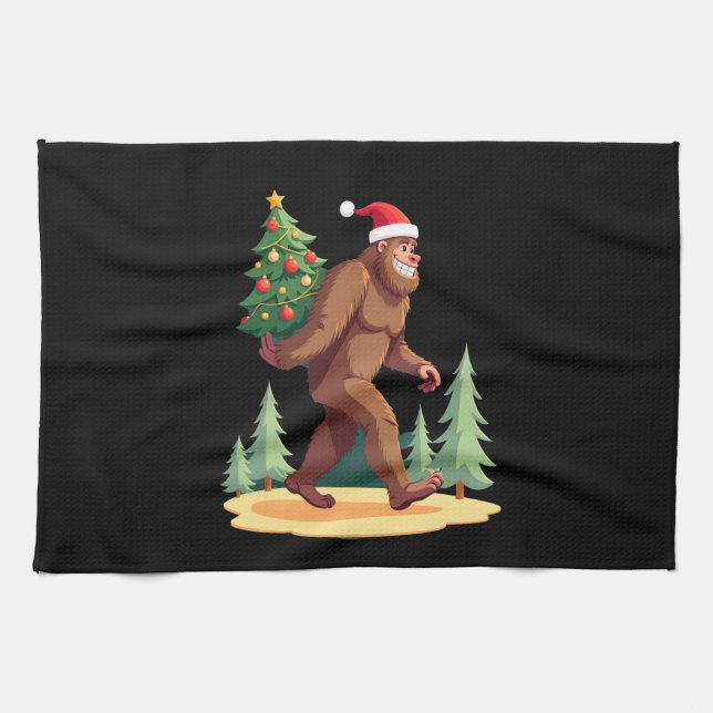 Bigfoot Christmas Tree Santa Hat Kitchen Towel (Horizontal)