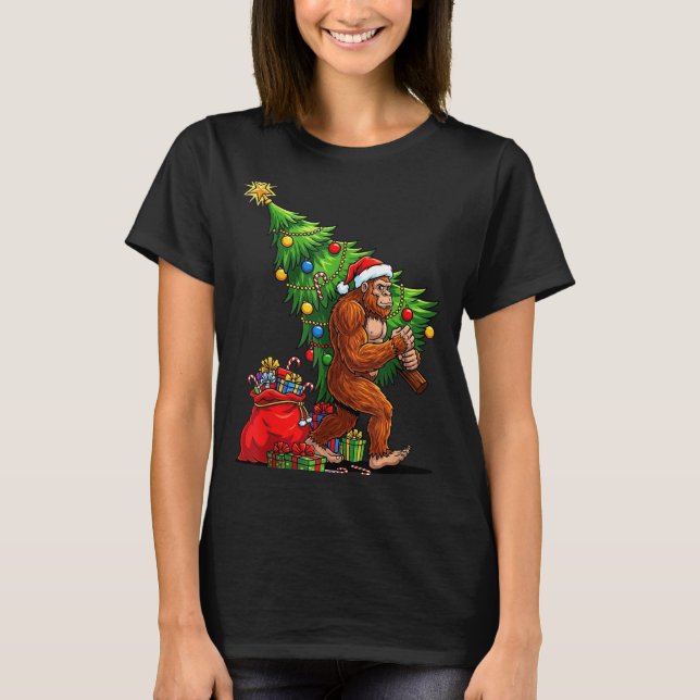 Bigfoot Christmas Tree Xmas Lights Funny Sasquatch T-Shirt (Front)