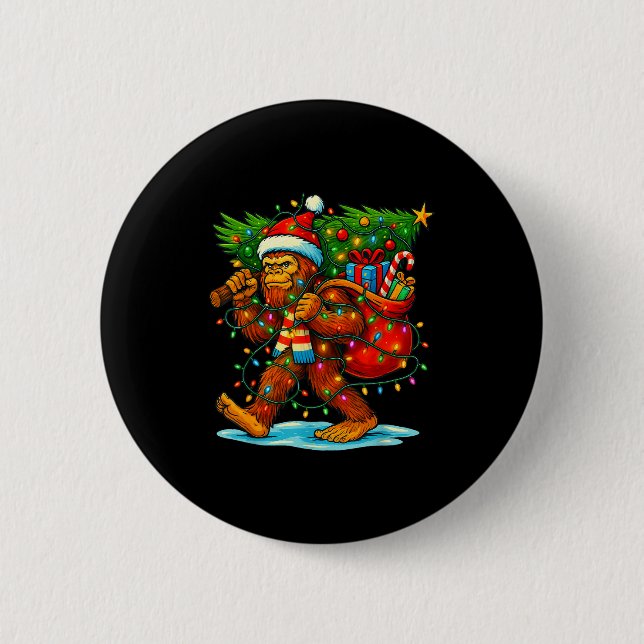 Bigfoot Christmas Tree Xmas Sasquatch Funny Lights 2 Inch Round Button (Front)