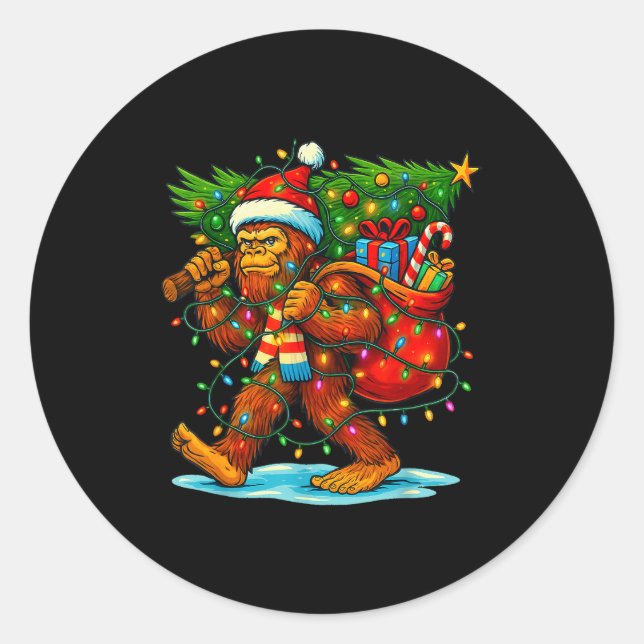 Bigfoot Christmas Tree Xmas Sasquatch Funny Lights Classic Round Sticker (Front)