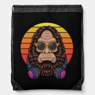 bigfoot cool wearing a eyeglasses and headphone drawstring bag