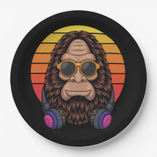 bigfoot cool wearing a eyeglasses and headphone paper plate