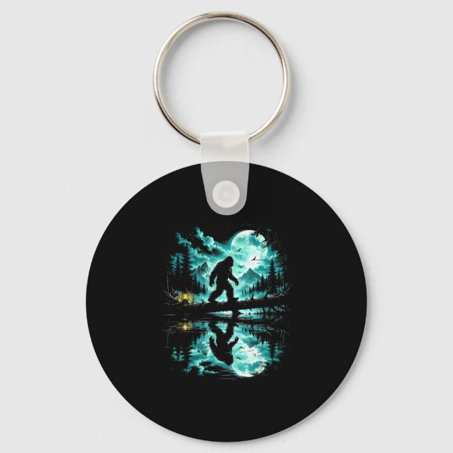 Bigfoot crossing reflection forest trees outdoor keychain (Front)