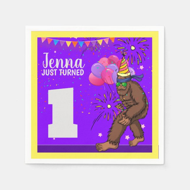 Bigfoot cute kids birthday card personalize age napkin (Front)