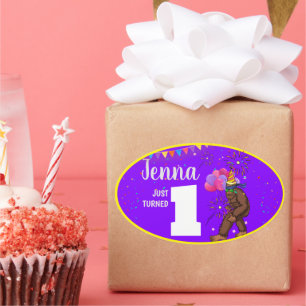 Bigfoot cute kids birthday card personalize age oval sticker
