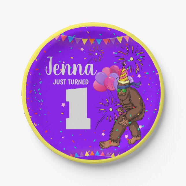 Bigfoot cute kids birthday card personalize age paper plate (Front)