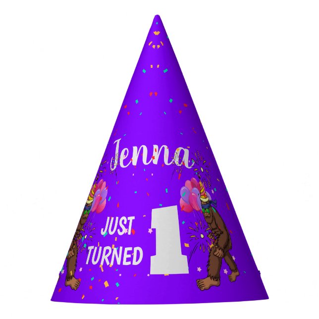 Bigfoot cute kids birthday card personalize age party hat (Front)