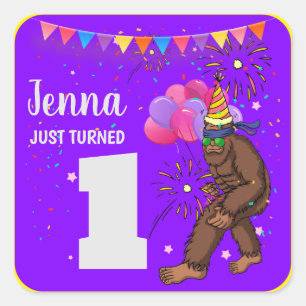 Bigfoot cute kids birthday card personalize age square sticker