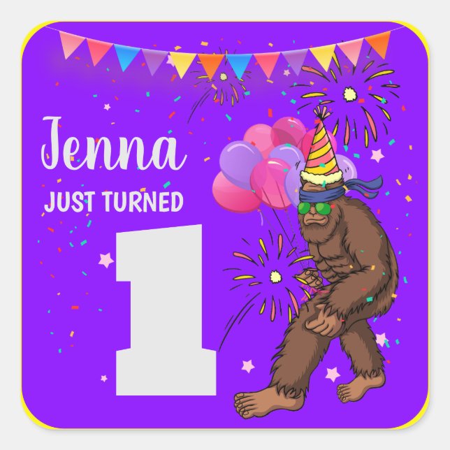 Bigfoot cute kids birthday card personalize age square sticker (Front)