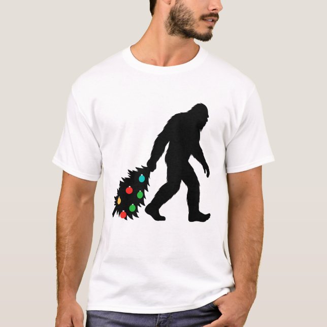 Bigfoot Dragging Christmas Tree T-Shirt (Front)