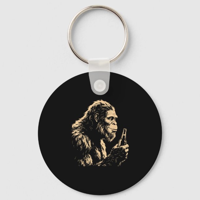 Bigfoot drinking beer funny sasquatch retro art  keychain (Front)