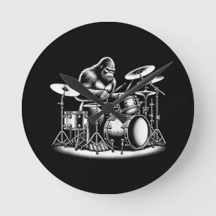 Bigfoot Drummer Sasquatch Playing Drums Musician B Round Clock
