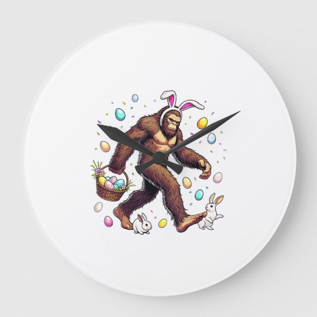Bigfoot Easter Day Funny Sasquatch Cute Bunny East Large Clock (Front)