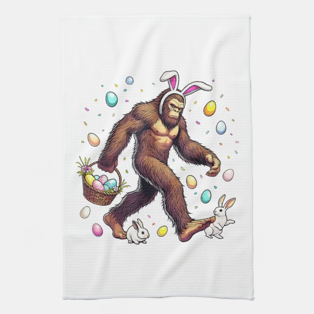 Bigfoot Easter Day Funny Sasquatch Kitchen Towel (Vertical)