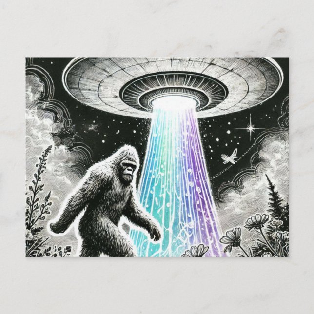 Bigfoot et un OVNI dans la carte postale de la for (Devant)