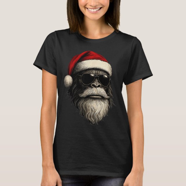 Bigfoot Face Sungles Santa Christmas Funny Xmas Sa T-Shirt (Front)